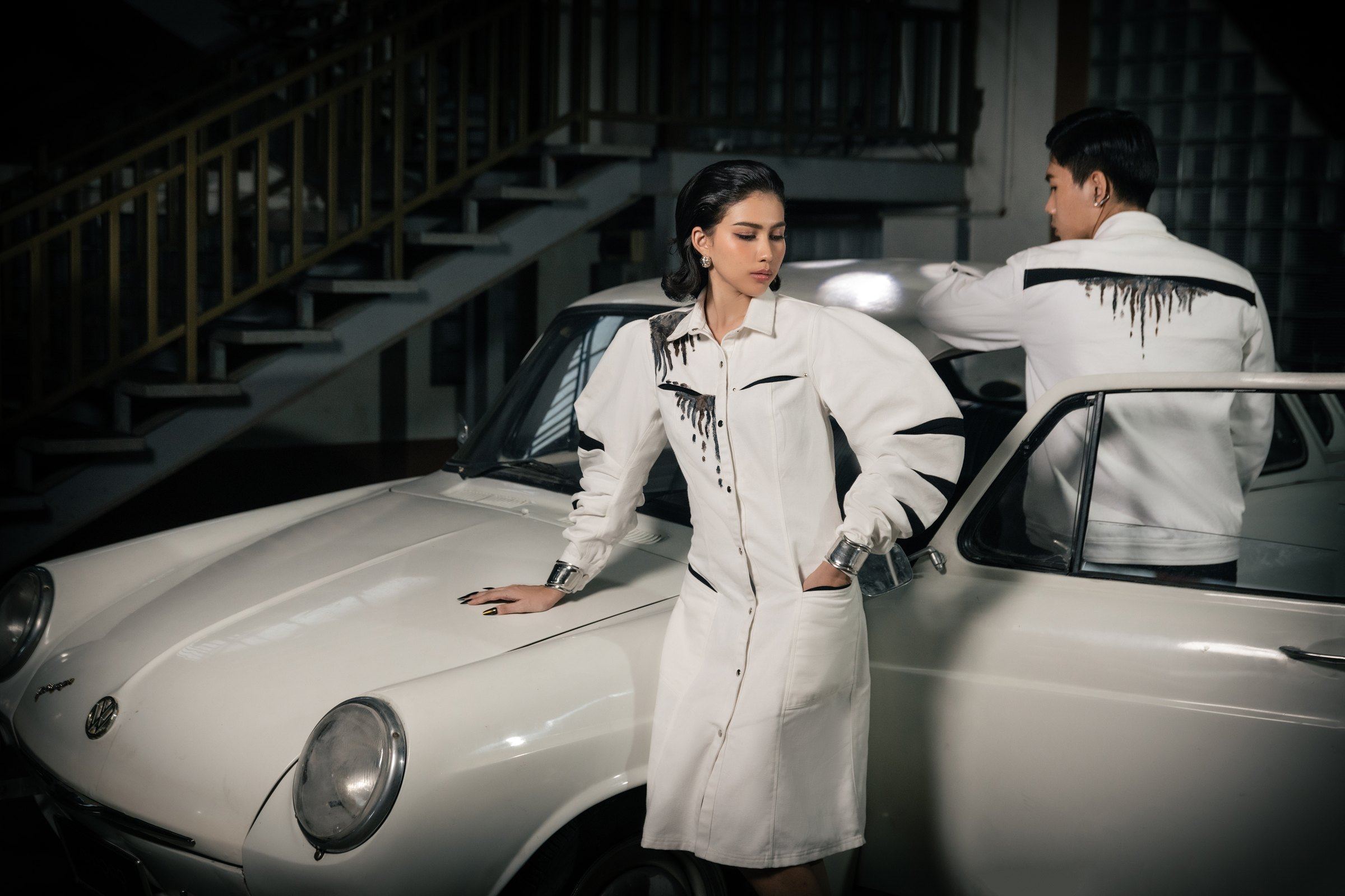 Two white denim looks from Myanmar's Essence at the car