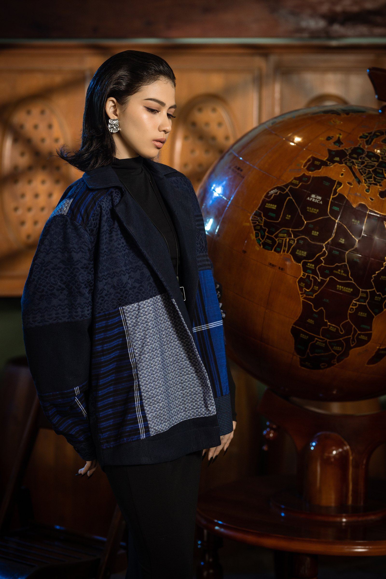 A blue patchwork jacket from New Traditional, worn open